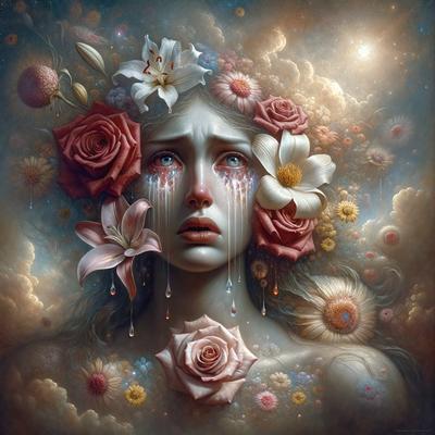 The primary subject of the image is a woman with a tearful expression, surrounded by flowers. She is wearing a crown of flowers and has a pink rose in her hair. The setting is a beautiful, colorful, and artistic environment, likely a painting or digital artwork. The visual style is a combination of realistic and artistic elements, creating a captivating and emotional scene. The colors and mood of the image are predominantly pink and tearful, evoking a sense of sadness and vulnerability.